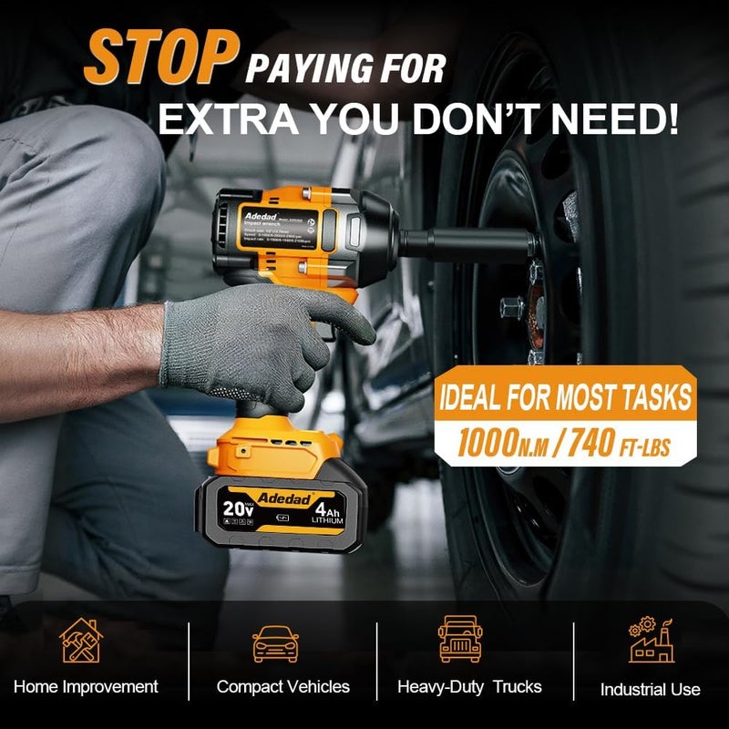 Adedad 1000N.m Cordless Impact Wrench 1/2 inch,20V 740ft-lbs High Torque Impact Gun with 2 x 4.0 AH Batteries,Sockets and Case,Brushless Power Impact Driver for Automotive and Heavy Duty Use - Image 2